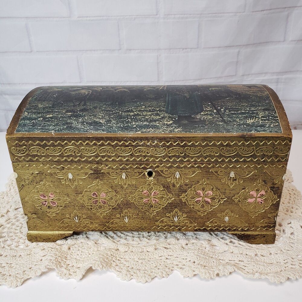Vintage Italian Florentine Wood Jewelry Box Domed Chest Millet Shepherdess Key